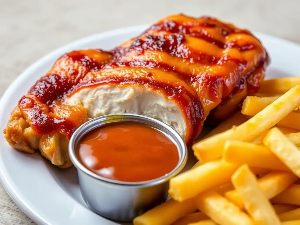 A close-up shot of Swiss Chalet's signature quarter chicken dinner with chalet sauce, showcasing the juicy chicken and golden-brown skin.